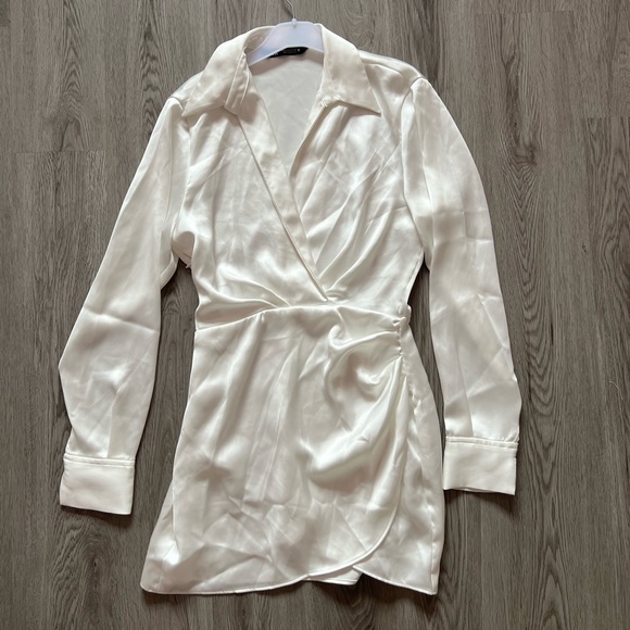 Zara Wrap Front Satin Effect Dress White - Picture 1 of 4
